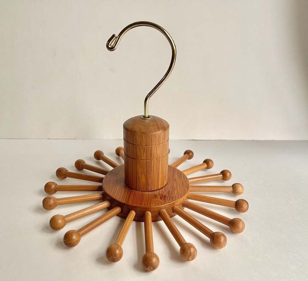 Vintage Bamboo Spinning Tie Rack Scarf Organizer 16 Hooks